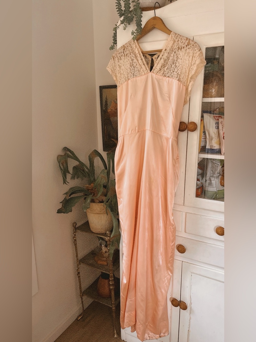 1940s 40s Antique Vintage Peach Pink Rayon Lace Slip Maxi Dress Art Deco S/4